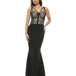 Rochie neagra, lunga, de ocazie, cu corset din dantela, L`armoire