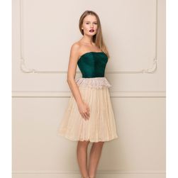 Rochie bej, cu corset verde, din matase naturala, Nicole Enea