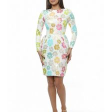 Rochie multicolora, cu imprimeu floral, cu maneca lunga, cu fermoare metalice, Emily G