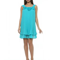 Rochie turcoaz, din material plisat, cu bretele