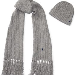 Ralph Lauren Aran-Knit Scarf & Hat Gift Set Fawn Grey Heather