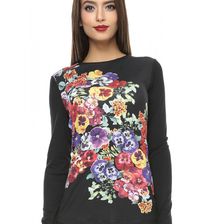 Bluza femei, neagra, din tricot, cu imprimeu floral, ma dame