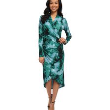 Adrianna Papell Printed V-Neck Long Sleeve Wrap Dress Teal Multi