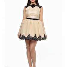 Rochie bej, cu insertii din dantela neagra, Vanilla Cream, Minouche