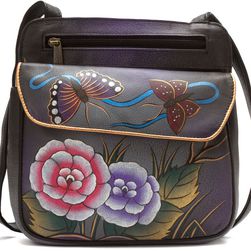 Anuschka Handbags Multi Pocket Travel Crossbody Antique Rose Pewter