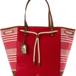 Ralph Lauren Oxford Chambray Stripe Large Tote Red/Natural