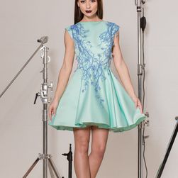 Rochie mint, mini, de ocazie, cu insertii florale, Nicole Enea