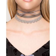 Bijuterii Femei CheapChic Bow Lace Faux Leather 3pc Choker Set Gray