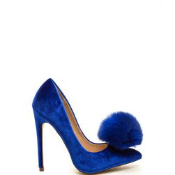 Incaltaminte Femei CheapChic You\'re Da Pom-pom Pointy Velvet Pumps Blue