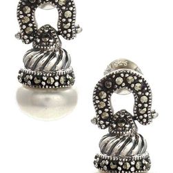 Bijuterii Femei Savvy Cie Swiss Marcasite 10-11mm Freshwater Pearl Swirl Drop Earrings WHITE-BLACK