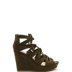 Incaltaminte Femei CheapChic Run The World Caged Faux Suede Wedges Olive