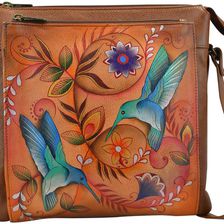 Anuschka Handbags Multi Compartment Saddle Bag Flying Jewels Tan