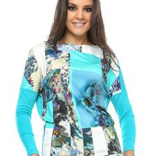 Bluza femei, turcoaz, din tricot, cu maneci chimono, imprimata, ma dame