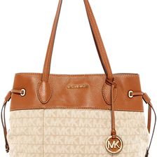 Michael Kors Marina Large Drawstring Leather Textile Logo Tote DK KHAKI