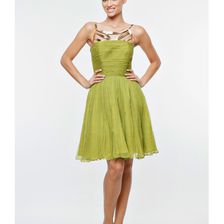 Rochie verde mustar cu aplicatii din piele, Nicole Enea