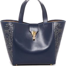 Oscar de la Renta Sloane Snake Embossed Trim Tote NAVY