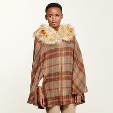 Ralph Lauren Faux-Fur Collar Plaid Poncho Vicuna Multi Plaid