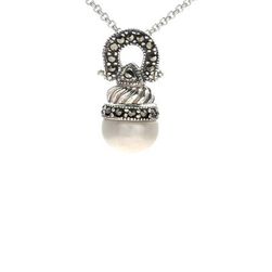 Bijuterii Femei Savvy Cie Swiss Marcasite 10-11mm Freshwater Pearl Swirl Pendant Necklace WHITE-BLACK