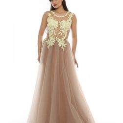 Rochie nude, maxi, din tulle, cu insertii din dantela, L`armoire