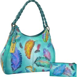 Anuschka Handbags Triple Compartment Shopper with Braided Handle Floating Feathers