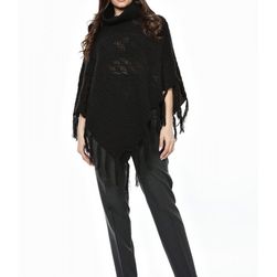 Poncho negru, cu franjuri, cu guler inalt, Zada Boutique
