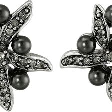 Oscar de la Renta Flower Pearl Button Earrings Black Diamond/Silver