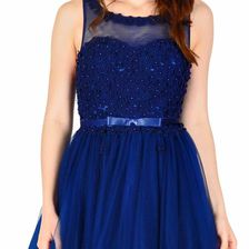 Rochie de ocazie bleumarin cu flori si perle aplicate 8168BM