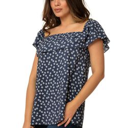 Bluza bleumarin imprimata, cu volan, Eranthe