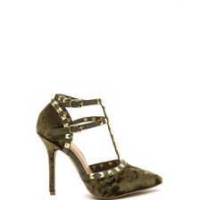 Incaltaminte Femei CheapChic Rocker Status Studded Velvet Caged Heels Olive