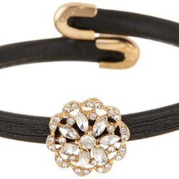 Natasha Accessories Leather Cuff Bracelet with Mini Flower Crystal BLACK-GOLD