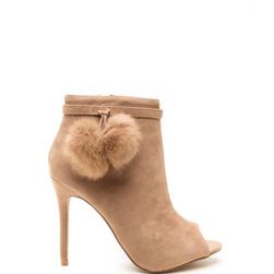 Incaltaminte Femei CheapChic Fluff Up Pom-pom Peep-toe Booties Taupe