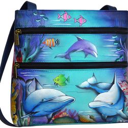Anuschka Handbags Compact Crossbody Travel Organizer Dolphin World