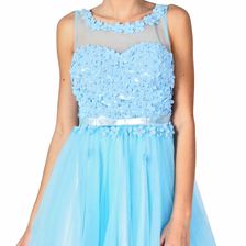 Rochie de ocazie bleu cu flori si perle aplicate 8168BL