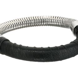 French Connection Leather Wrapped Snake Chain Stretch Bangle Bracelet Silver/Black