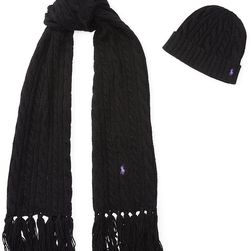 Ralph Lauren Aran-Knit Scarf & Hat Gift Set Polo Black
