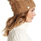 Accesorii Femei Vince Camuto Cable Knit Genuine Rabbit Pompom Beanie CAMEL HEATHER