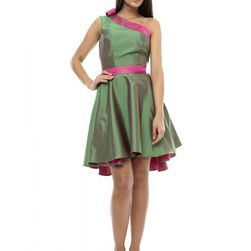 Rochie verde, din tafta, pe un umar, L`armoire