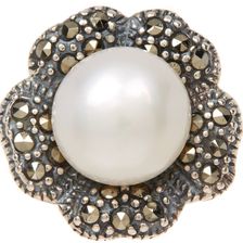 Savvy Cie 8-9mm Freshwater Pearl & Marcasite Ring Silver-Black-White