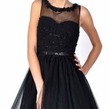 Rochie de ocazie neagra cu flori si perle aplicate 8168N 