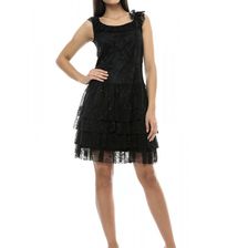 Rochie neagra, din dantela, cu volane, Cristal, Giorgal