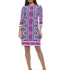 Rochie roz, cu imprimeu abstract, cu maneca 3/4