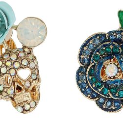Betsey Johnson Skulls and Roses Flower Clip On Earrings Blue Multi