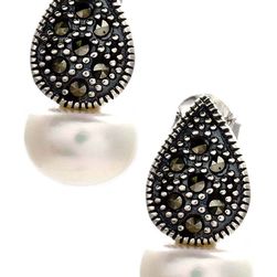 Bijuterii Femei Savvy Cie Swiss Marcasite 10-11mm Freshwater Pearl Leaf Earrings WHITE-BLACK