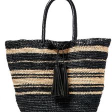 Ralph Lauren Striped Woven Raffia Tote Black Mu