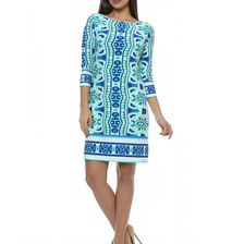 Rochie turcoaz, cu imprimeu abstract, cu maneca 3/4