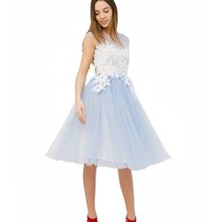 Rochie bleu, din tulle, cu aplicatii din dantela, Ava, Oana Nutu