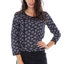 Bluza femei, bleumarin, cu imprimeu floral si dantela, Roh