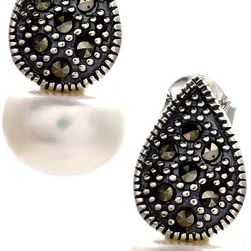Savvy Cie Swiss Marcasite & 10-11mm Freshwater Pearl Leaf Earrings WHITE-BLACK