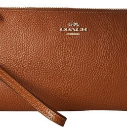COACH Polished Pebbled Leather Double Zip Wallet LI/Saddle