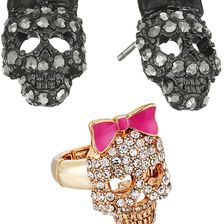 Betsey Johnson Skull Stud Earrings and Stretch Ring Set Crystal
